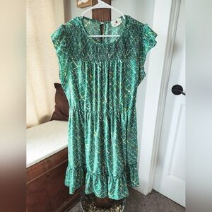 Les Amis green speckle midi dress with cinching and ruffle detail